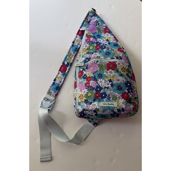 Vera Bradley Handbags - Vera Bradley Blue Floral Crescent Sling Crossbody Bag Zip Adjustable Strap